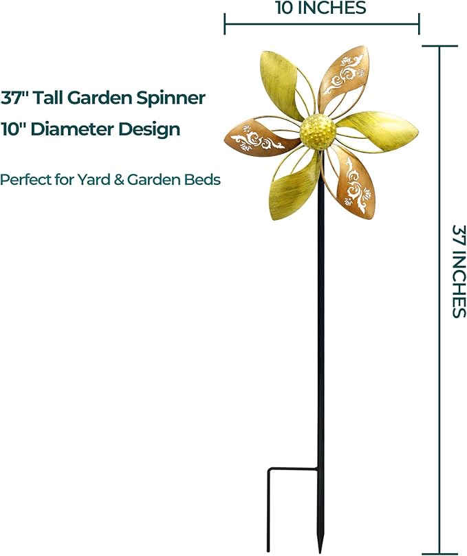 2 Pack 37" Metal Wind Spinners for Yard & Garden, 10" Kinetic Outdoor Garden Spinners, Rust-Resistant Decorative Yard Art (Gold Ornate Laser-Cut Floral)