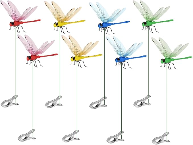 8 Pack Dragonfly Clips, 3D Simulation Fake Dragonflies Decoration for Garden Stakes, Yard Ornaments, Hat, Deer, Horse, Indoor and Outdoor