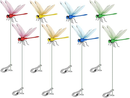 8 Pack Dragonfly Clips, 3D Simulation Fake Dragonflies Decoration for Garden Stakes, Yard Ornaments, Hat, Deer, Horse, Indoor and Outdoor