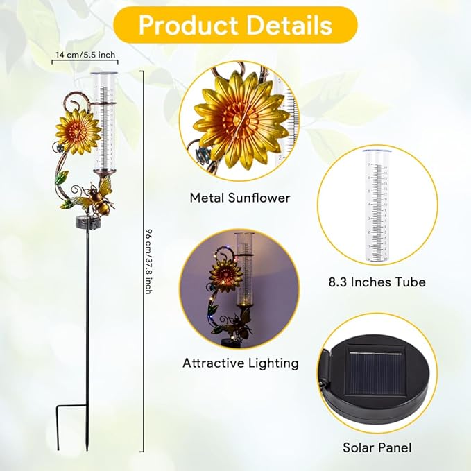 Stargarden Rain Gauge Outdoor, Solar Rain Gauge, Solar Measuring Gauge, Bee Decorative Rain Gauges for Yard Lawn Garden