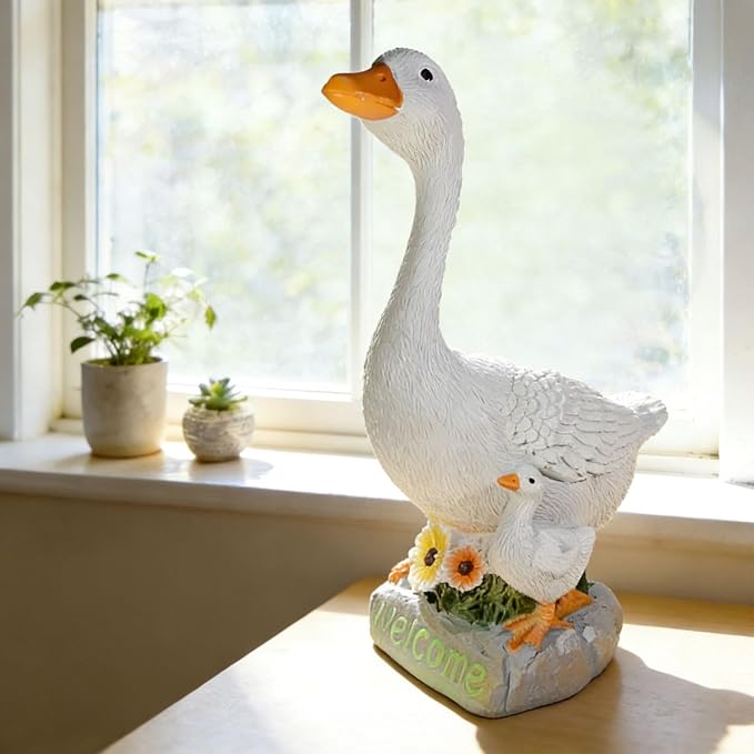 Desk Goose Figurines 9.5 Inch Desktop Goose Statue Garden Statues & Sculpture for Patio, Porch, Office and Lawn, Memorial Stone and Gifts for Mom Goose Lover