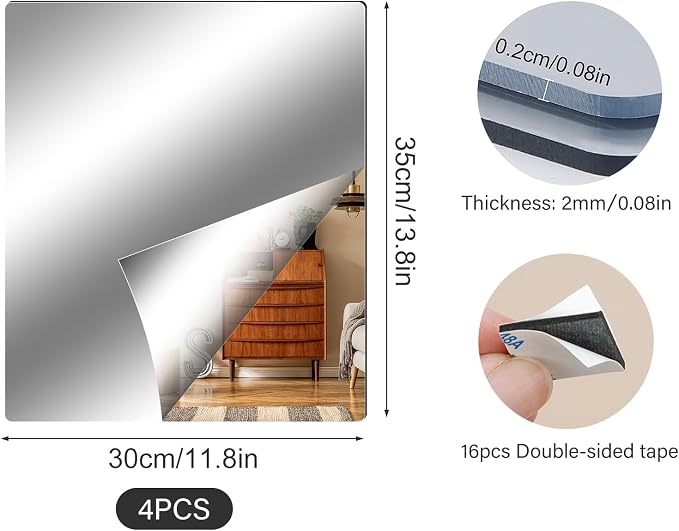 Fantasyon 4 Pieces Flexible Mirror Sheets, 2mm Thickness Decorative Self Adhesive Plastic Mirror Tiles Non Glass Mirror Stickers for School Educational and Home Wall Decor (11.8 × 13.8 Inches)