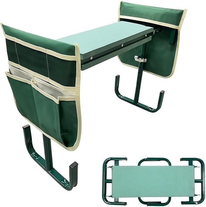 Adjustable Garden Kneeler and Seat, Foldable Garden Kneeler and Seat with Wider Kneeling Pad and 2 Tool Pouches Height Adjustable Heavy Duty Gardening Stool