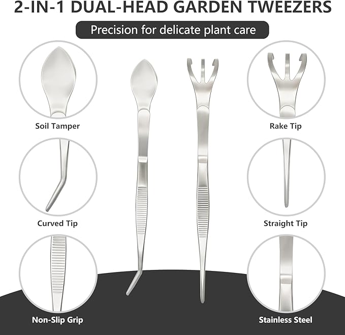 2 PCS Stainless Steel Garden Tweezers Set 2-in-1 Long Plant Tweezers Gardening Tools with 8.9" Curved Tine & 8.7" Straight Rake for Plants, Lawn, Bonsai, Succulents