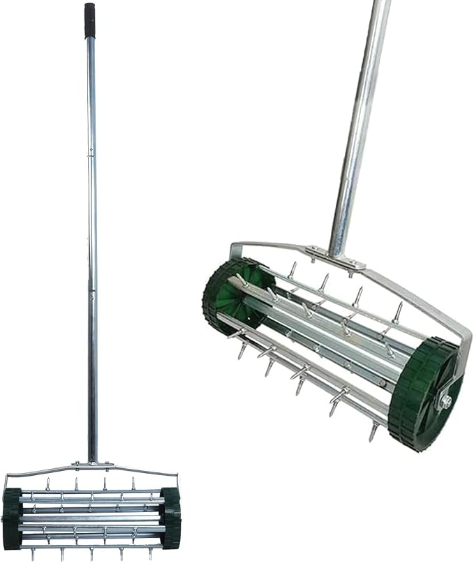 Heavy Duty Rolling Lawn Aerator - 3-Piece Steel Handle Push Spike Aerator for Garden & Yard, 57-Inch Manual Soil Aeration Tool for Grass Maintenance, Compacted Lawn Care