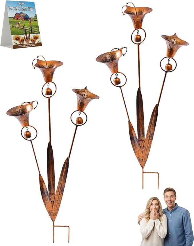 2026 Flamed Copper Three Calla Lilies Garden Stake with Bells, Rain Catcher Flower Handmade 24inch Large Whimsical Metal Plant Sculpture Yard Art Decor, Rustic Wind Chime Ornament Gift