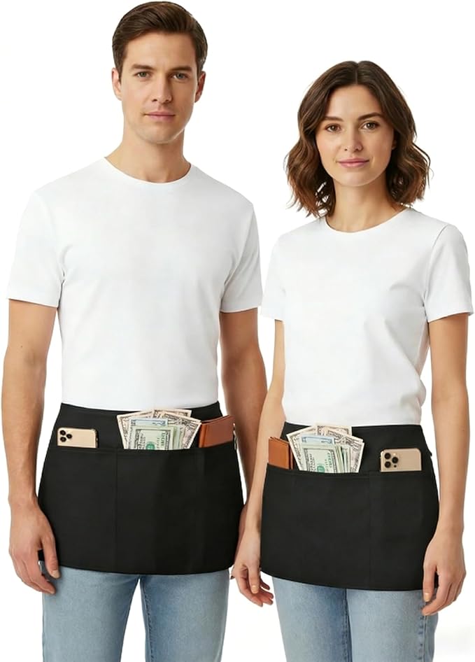 BOHARERS 4 Pack Waitress Apron With 3 Pockets-Black Server Aprons-Waiter Short Half Waist Servers Apron