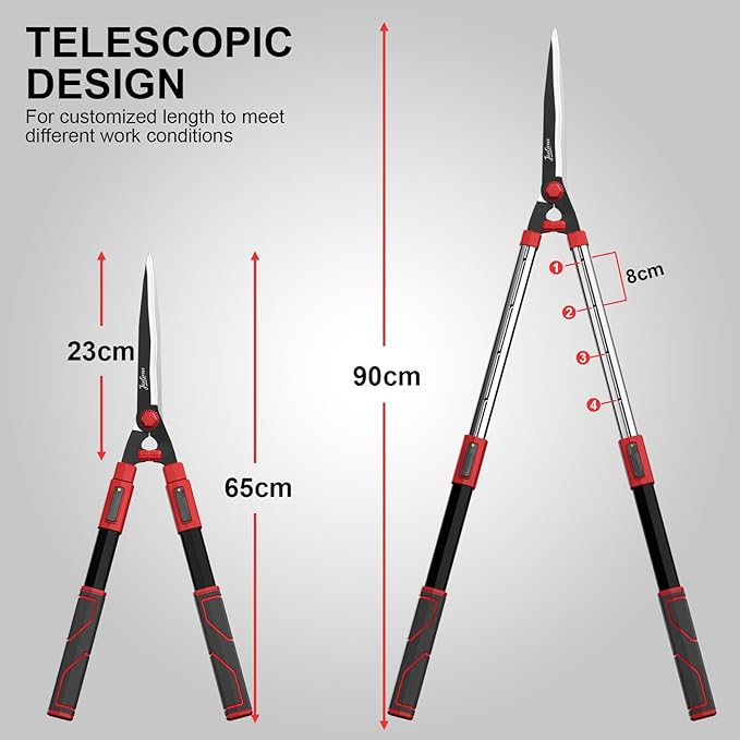 Telescopic Hedge Shears SK5 Carbon Steel Blades, Anti-Rust Coating, Lightweight Garden Clippers for Trimming Hedges, Shrubs & Bushes,Ergonomic Non-Slip Handles
