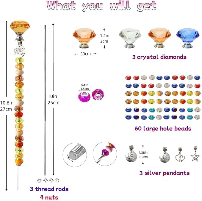 72Pcs DIY Garden Stakes Decorative Beadable Items for Different Festivals Fairy Wand Beaded Garden Stakes Kit Fairy Garden Accessories Outdoor, Diamond-(Orange+Blue+Whit)