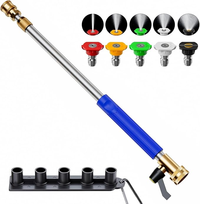Upgraded Jet Nozzle Power Washer Wand Hose Nozzle, Adjustable Hydro Nozzle Wands 18-33", Jet High Pressure Garden Hose Sprayer with 5 Different Nozzles for Gutter, Garden, Patio, Floor & Car, Blue