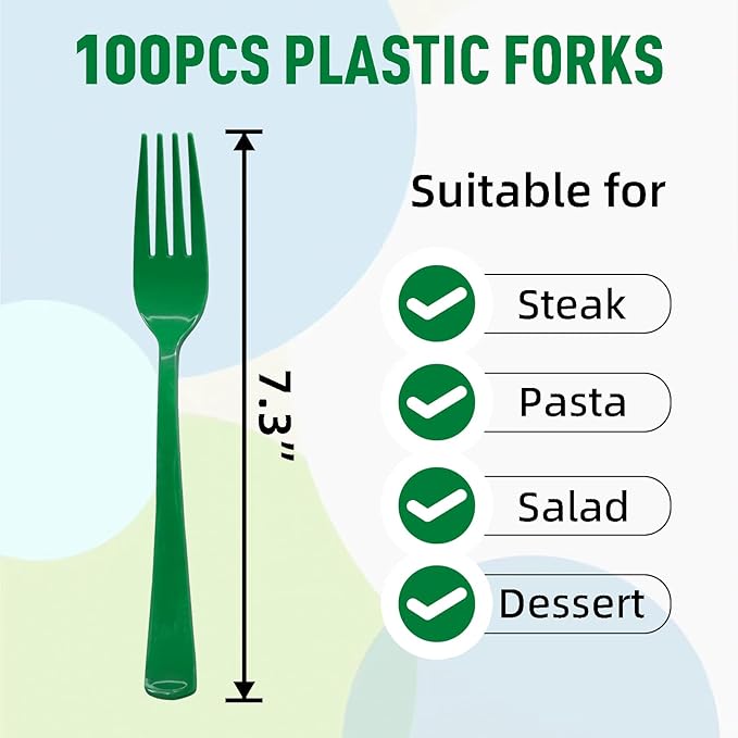 100 Pcs Green Plastic Forks Green Plastic Silverware Disposable Cutlery Heavy Duty 100 Forks for Birthday, Picnic, Wedding, Christmas