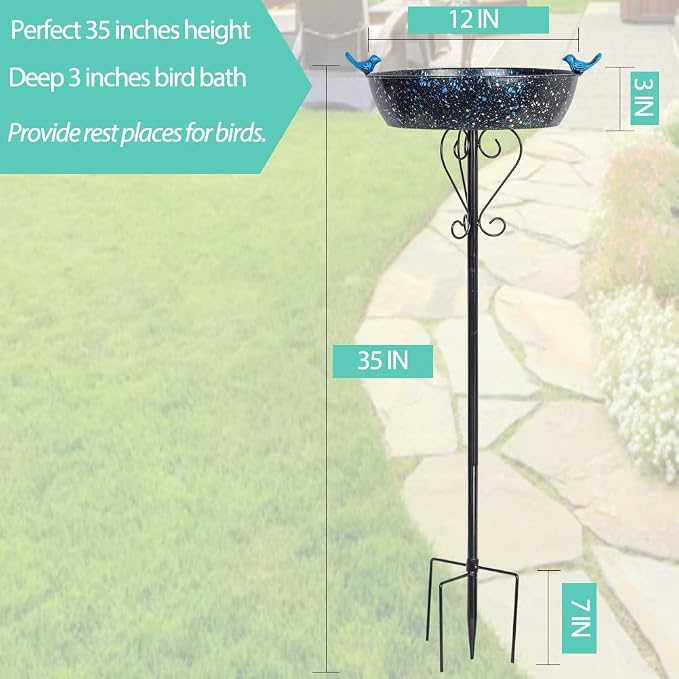 Outdoor Garden Bird Bath, Metal Birdbath with Stable Stakes Bird Feeders for Outdoor Yard Lawn Patio (3" Deep*35" Height)
