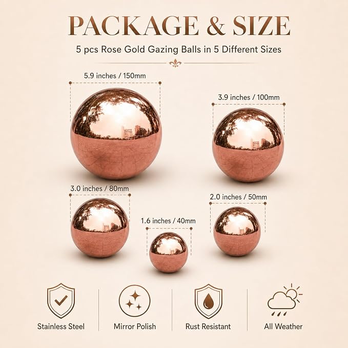 Nerien Gazing Ball, Stainless Steel Garden Mirror Globe, Polished Ornament Sphere, Hollow Floating Reflective Hemisphere, for Home Outdoor Pond Housewarming Swimming Pool Decoration, Rose Gold, 5Pcs