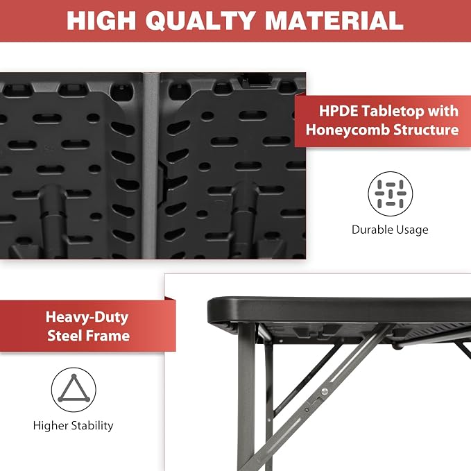 PayLessHere | 4FT Folding Table | Portable Plastic Table with Carry Handle | Waterproof & Foldable Table Design | Steel Frame with Lock | Black | for Events, Camping, Indoor & Outdoor Use