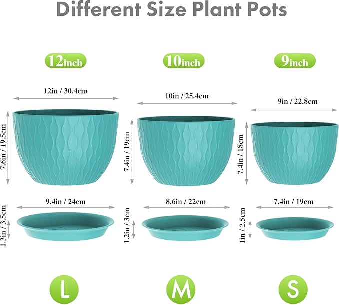 Meowell Large Plant Pots 12/10/9 inch, 3 Pack Big Flower Pots for Outdoor Indoor Plants with Water Ripples, Wide Plastic Planters with Drainage Holes and Saucers for Garden Home Decor, Blue Green