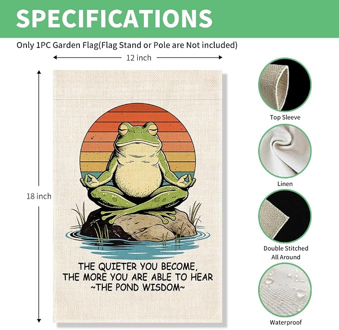 Perfectinsoy The Quieter You Become The More You Can Hear The Pond Wisdom Funny Garden Flag, Inspirational Meditation Zen Frog Flags, Yoga Lover Gifts for Women Men, Welcome Yard Lawn Outdoor Decor