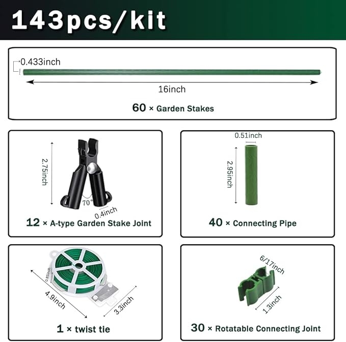 7/16" Garden Stakes,60pcs 16" Plant Stakes DIY 3ft 4ft 5ft 6ft Plant Support Sticks,Plant Support Stake with Sturdy Steel Core to Build Plant Trellis for Outdoor Garden Vegetables