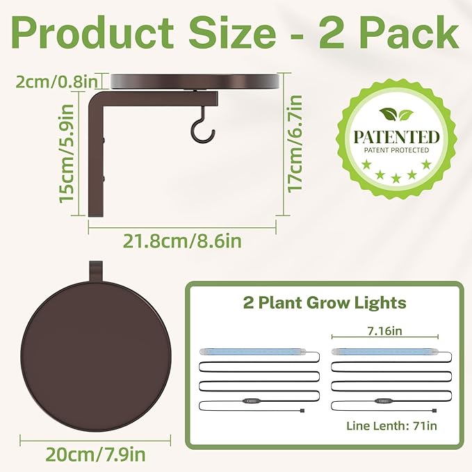 iDavosic.ly Wall Plant Holder with Grow Lights Set of 2 for Indoor Outdoor, Metal Hanger with 2 Hooks, Floating Flower Display Stand for Window, Space Saving & Easy to Assemble (Pots Not Included), Bronze