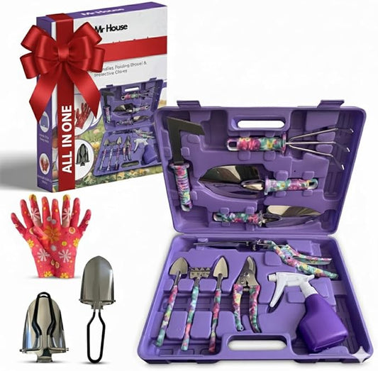 12-Piece Gardening Tools Set – Rust-Resistant Stainless Steel Hand Tools with Ergonomic Floral Handles & Carry Case, Includes Folding Shovel & Gloves – Perfect Gardening Kit for Women & Beginners
