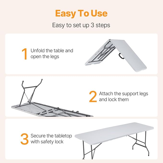 NEWBULIG 6 FT Foldable Table Easy to Fold and Store, Folding Picnic Table for Picnic Camping Kitchen Dining Party Outdoor Indoor with Carrying Handle, White