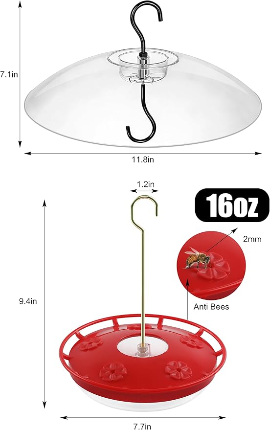 FEED GARDEN Hummingbird Feeder with Rainproof Dome, 16oz Nectar Feeder 11.8" Rain Guard Weatherproof Ant Moat Easy Fill & Clean Hanging Leak-Proof BPA-Free