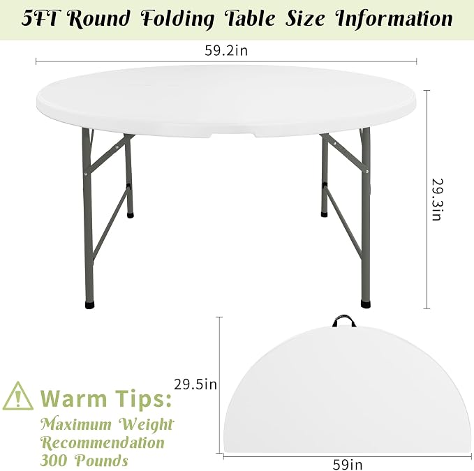 Fivenl 5 FT Round Folding Tables White Foldable Table, Fold-in-Half with Carrying Handle Portable Plastic Table for Party, Dining, Wedding, Camping, Picnic, Indoor Outdoor Events