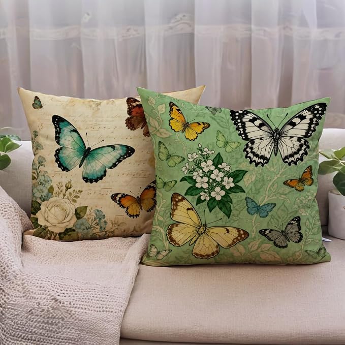 Vintage Butterfly Throw Pillow Cover 18x18 inch,Watercolor Bloom Flowers Garden Cushion Cover Farmhouse Nature Theme Spring Home Decorative Pillowcase ,4Pack for Sofa Couch Porch Patio (Beige)