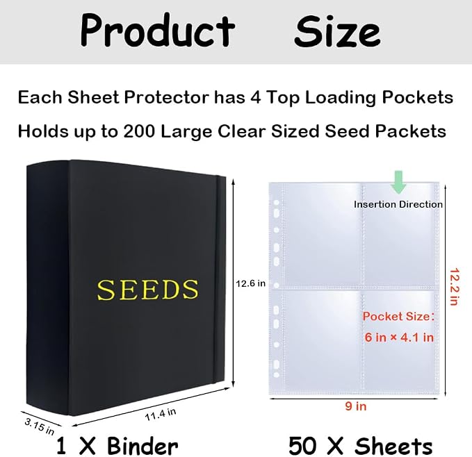 Extra Large Seed Storage Organizer Binder,3 Ring Seed Packet Organizer with 200 Pockets(50 Pack Clear Sheet Protectors), Garden Seed Holder Book for Envelopes, Seed Saving Keeper, Black