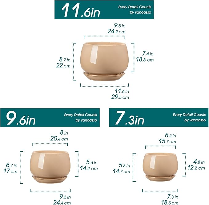 vancasso 3-Pack Ceramic Plant Pots, 7.3/9.6/11.6 Inch Indoor Planters with Saucers & Drainage Hole Planter pots for Indoor Plants and Flower, Brown
