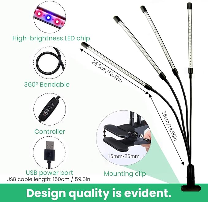 Full Spectrum 4 Heads LED Plant Grow Light with Flexible Gooseneck, 3/9/12H 3 Modes 10 Dimmable Levels, 80 LEDs Clip On Grow Light for Indoor Plants, Seed Starting, Flowers & Vegetables