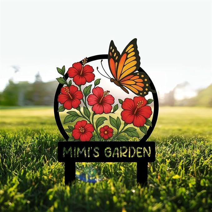 Personalized Metal Yard Sign for Mother's Day, Bird & Flower Design, Gift for Garden Lovers, Metal Sign, Garden Decor (Red flower)