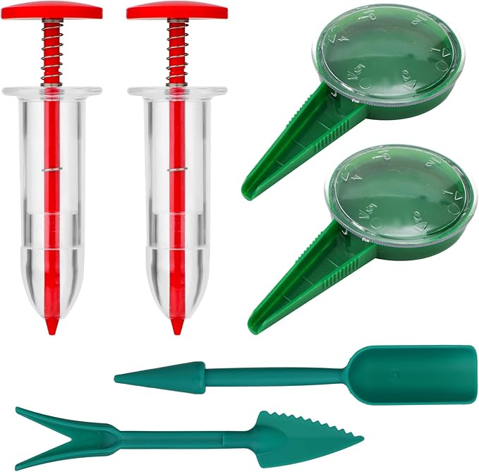 6pcs Seed Spreader Tool Set, Including 2 Small Seed Planter Sower Handheld Plastic 2 Mini Sowing Seed Dispenser 2 Tiny Seedlings Dibber and Widger Tool for Planting Gardening Vegetables Flowers