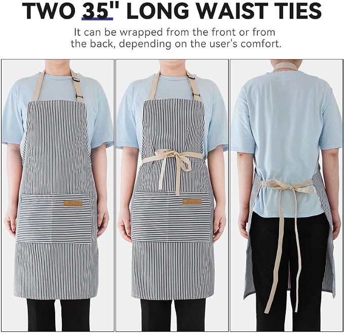 NLUS 2 Pack Kitchen Cooking Aprons, Adjustable Bib Soft Chef Apron with 2 Pockets for Men Women (Blue Pinstripes/Pink Pinstripes)