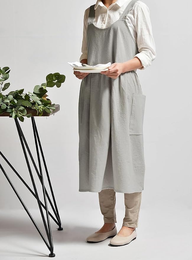 Uaussi Cotton Linen Apron Cross Back Work Apron for Women with Pockets Pinafore Dress X Cross Halter Apron for Chef Gardening
