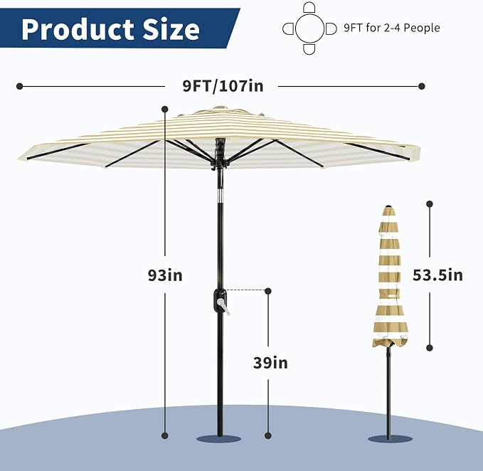 GarveeLife 9FT Patio Umbrella Outdoor, Table Umbrella with Push Button Tilt and Crank, 8 Sturdy Ribs UV Protection Waterproof for Garden, Pool, Market, Deck (Brown & White Stripe)