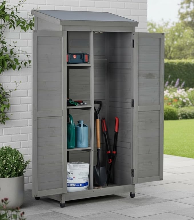 Wooden Outdoor Storage Cabinet, Outdoor Bar Table Cabinet with Storage, Outdoor Buffet Sideboard Cabinets for Patio, Garden, Potting Bench, Bar Table, Balcony (Tall - Grey)
