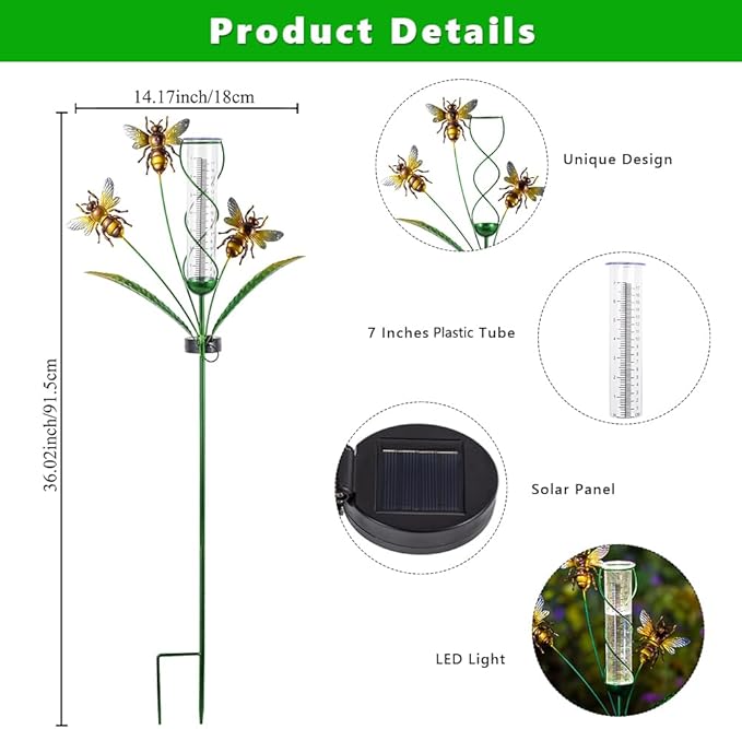 Solar Rain Gauge with 7-Inch Plastic Tube, Bee Rain Gauge Outdoor-Decorative Rain Water Gauges Garden Stake for Yard, Lawn, Patio
