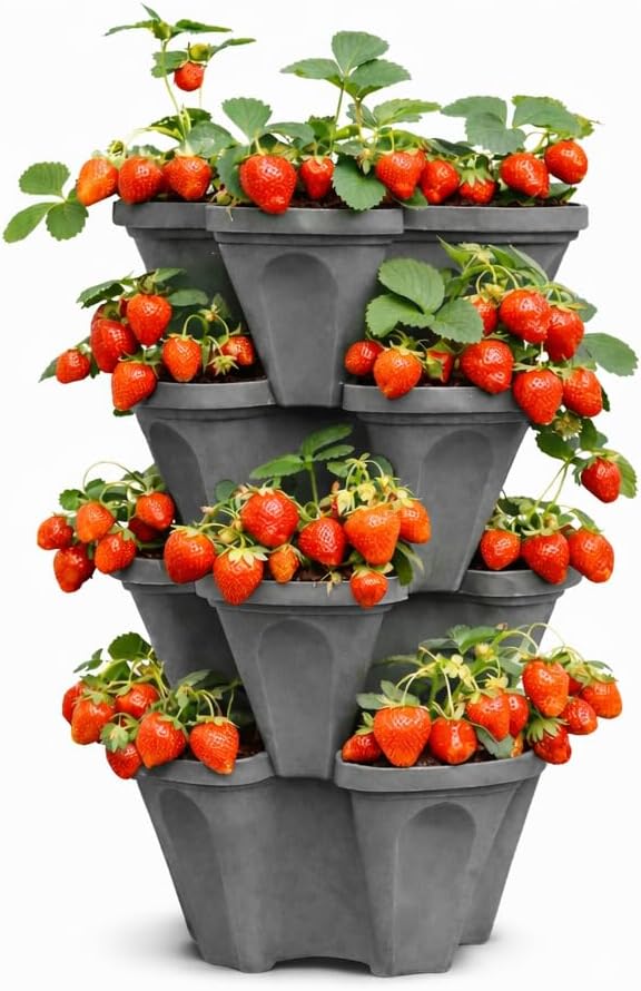 Vertical Garden Planter 4 Tier Stackable System 16 Plants, Space Saving Herb, Strawberry & Food Crop Planter with Center Support Hole for Indoor Outdoor Gardening (4, Slate Gray, Large)