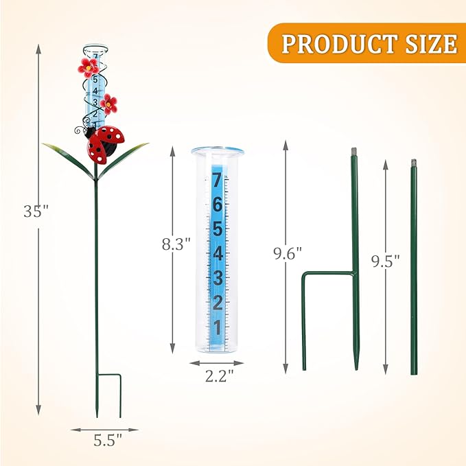 WONDER GARDEN Rain Gauge Outdoor, Decorative Ladybug Rain Gauges Outdoors Best Rated, Freeze Proof Glass Water Rain Measure Gauge with Flower for Yard Patio Lawn Decor