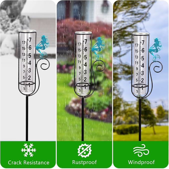 Stargarden Rain Gauge Outdoor, Mermaid Rain Gauge with Metal Stake, Decorative Rain Measure Tool for Lawn, Garden, Outdoor