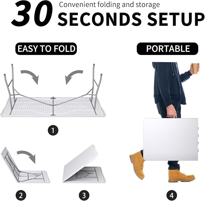 6FT Folding Tables – Heavy Duty Portable Foldable Picnic Table with Built-in Handle, 450 lb Capacity – Ideal for Events, Parties, Crafts, Camping & Dining (10-Pack, White)