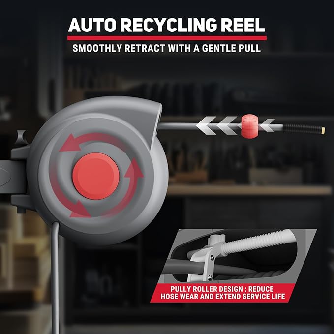 50 Ft Retractable Air Hose Reel, 3/8 In Auto Rewind with Air Blow Gun, 180° Wall-Mountable, Kink-Free, for Garage & Workshop Use