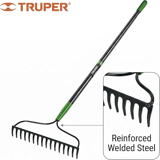 Truper Tru Tough 16-Tine Welded Bow Rake, 60-Inch Fiberglass Handle with Comfort Grip, Heavy-Duty Landscaping and Soil Leveling Tool (Model 32404 / R-16AM-FV)
