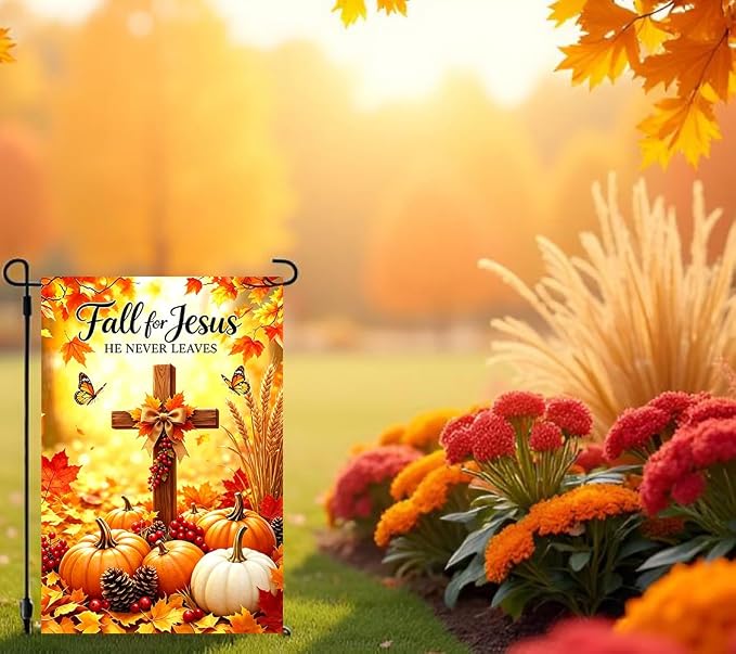 Fall Pumpkin Cross Garden Yard Flags 12x18 Double Sided Outside | Holiday Thanksgiving Fall for Jesus He Never Leaves Pumpkin Cross Outdoor Yard Decoration, Autumn Farm Porch Garden Decor