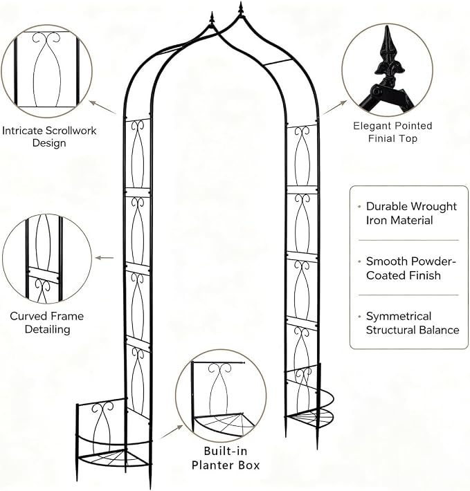 8Ft Garden Arched Trellis with Planter Boxes Heavy Duty Metal Garden Arbor | Thickened Metal Gothic Arbors for Climbing Plants Outdoor Wedding Arch for Ceremony Garden Trellises for Cucumber Rose Grape