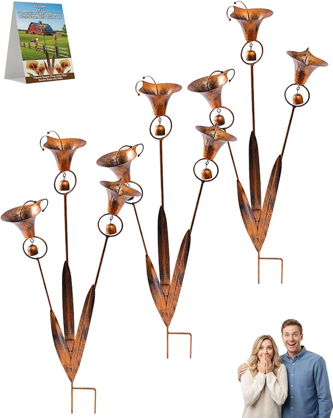 2026 Flamed Copper Three Calla Lilies Garden Stake with Bells, Rain Catcher Flower Handmade 24inch Large Whimsical Metal Plant Sculpture Yard Art Decor, Rustic Wind Chime Ornament Gift