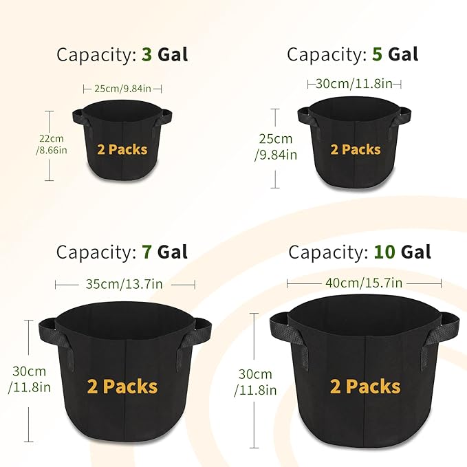 Hoikwo Black Grow Bags 8-Pack, 2 Sets Each of 3 5 7 10 Gallon Fabric Pots with Handles, Duty Cloth Pots for Plants