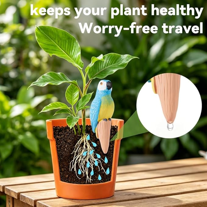 Yeswhat Self Watering Plant Spikes 4 Pack, Terracotta Parrot Automatic Plant Waterer for Indoor Outdoor Plants, Slow Release Watering Stakes, Vacation Plant Watering Devices for Potted Plants Garden