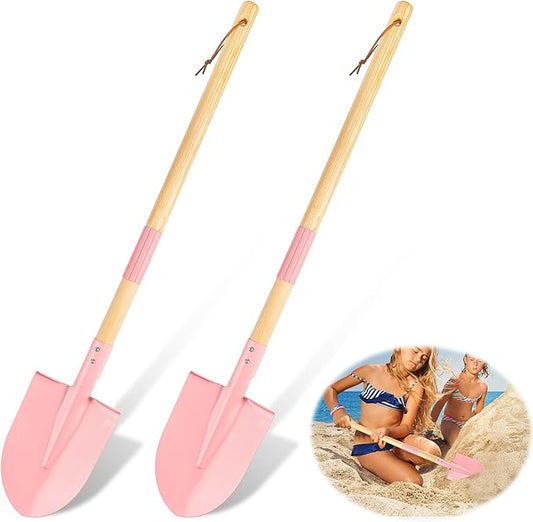 2 Pack Beach Shovels for Kids, 27.2" Long Detachable Kids Shovel with Wood Handle Metal Spade Sand Shovels for Digging Sand Gardening Beach Play Tool for Kids Adults Gifts (Pink)