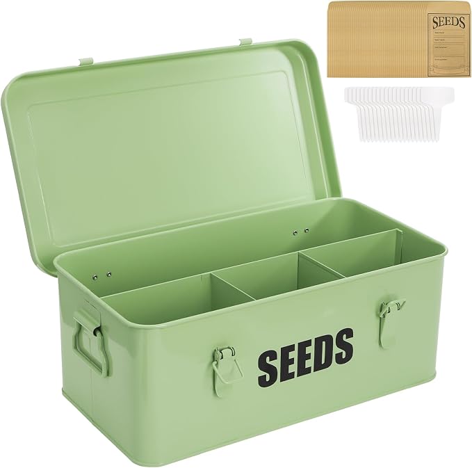 Seed Saving Box with 4 Compartments, Large Metal Seed Organizer Packet Container with Lid & Safety Locks, Garden Seed Storage Bin for Seeds with 50 Plant Labels, 20 Envelopes